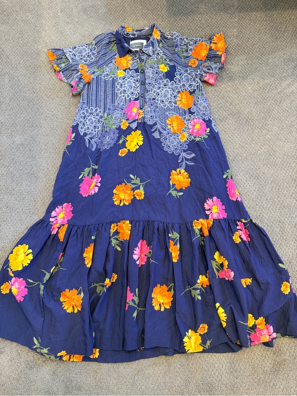 Anthropologie Navy Maxi Dress with Bright Pink & Yellow Floral Print